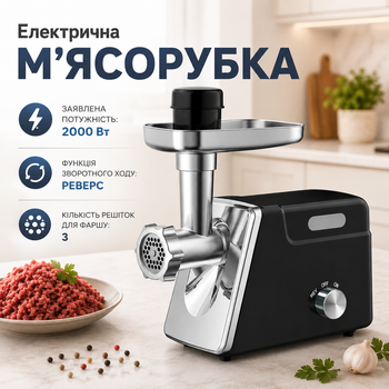 Электрическая шнековая мясорубка Hoffmans HM-280 2000 Вт с реверсом, тремя решётками, ножом из нержавеющей стали и насадкой для домашних колбас