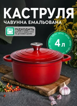 Кастрюля чугунная эмалированная 4 литра жаровня гусятница для тушения и запекания 5 мм толщина для всех видов плит Красная