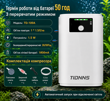 Повітряний компресор для акваріуму, з вбудованим акумулятором. TIDNNS TD-100A. 1800mAh
