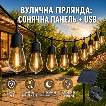 Уличная гирлянда с лампочками на солнечной панели и USB зарядом, 10 лампочек, 8 режимов, 5 метров с пультом и датчиком тьмы для террас, балкона, беседки, оформление праздников, вечеринок и фотозон