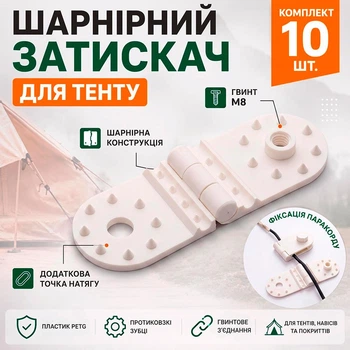 Зажимы клипса для тента и брезента, затеняющей сетки шарнирные с винтом M8 и люверсами, 10 шт. white
