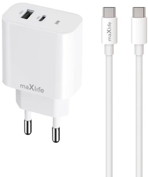 Ładowarka sieciowa Maxlife PD QC MXTC-06-30AC 1x USB-C 1x USB 30W + kabel USB-C - USB-C 60W White (5907457738430)