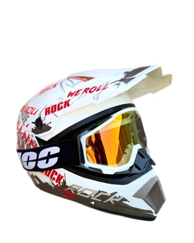 Эндуро кроссовый мотошлем Helmet Rock бело красный XL + очки Profi 100% черно белые стекло поляризация