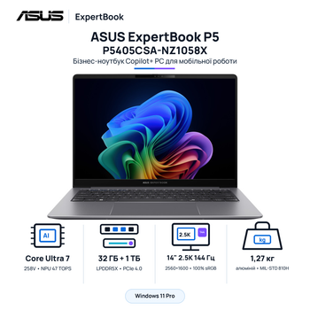 Ноутбук 14" Asus ExpertBook P5 P5405CSA-NZ1058X Intel Core Ultra 7 258V 32GB 1TB SSD Intel Arc 140V W11 Pro Misty Grey (90NX0861-M01E50)