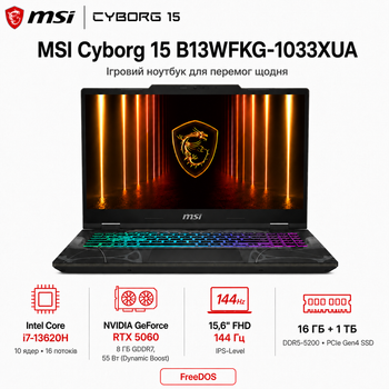 Ноутбук игровой 15.6" MSI Cyborg 15 B13WFKG-1033XUA Intel Core i7-13620H 16GB 1TB SSD RTX 5060 DOS Translucent Black (9S7-15Q342-1033)