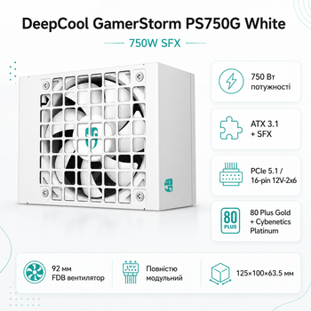 Блок живлення DeepCool GamerStorm PS750G 750W SFX ATX 3.1 вентилятор 92 мм White (R-PS750G-FE0W-JGEU)