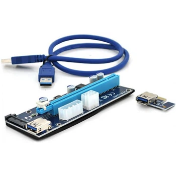 Riser PCI-EX, x1=>x16, 4-pin / 6-pin / Sata, USB 3.0 AM-AM 0,6 м (красный), конденсаторы UER, Пакет