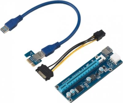 Riser PCI-EX, x1=>x16, 6-pin, SATA=>6Pin, USB 3.0 AM-AM 0,6 м (синий) , конденсаторы F51F, Пакет