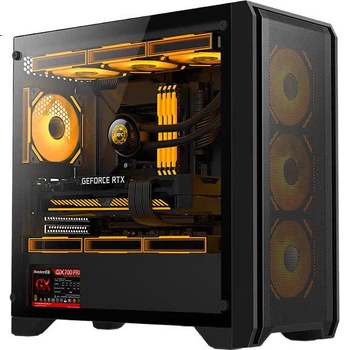Игровой корпус Huntkey GX750S, черный, стальная сетка, боковая панель сталь-стекло, водяное охлаждение 360 мм, 12 мест для вентиляторов, для плат M-ATX
