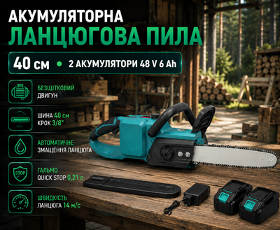 Аккумуляторная цепная пила 48V 6Ah 40 см 3 8 с двумя аккумуляторами бесщеточным двигателем автоматической смазкой и тормозом цепи
