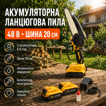 Аккумуляторная цепная пила 48V 6Ah с двумя аккумуляторами шиной 20 см автоматической смазкой цепи и кейсом