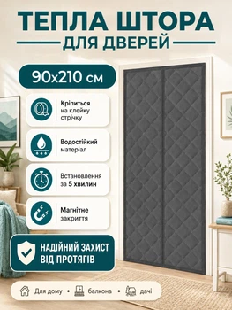 Теплоізоляційна штора на магнітах на двері 90х210 см Сірий (THERMAL-90x210GREY)