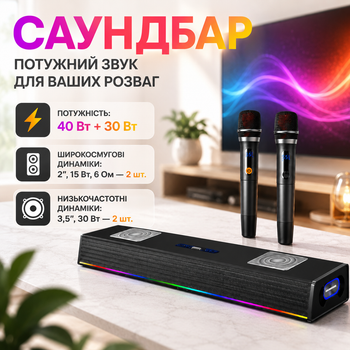 Саундбар SOGOVGZ G-69 2.1 з LED-підсвіткою, Bluetooth 5.0, двома бездротовими мікрофонами, HDMI, оптичним входом, S/PDIF, AUX та USB для караоке й домашнього кінотеатру
