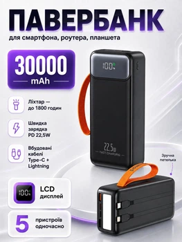 Повербанк 30000 mah 22.5W Qinetiq Phoenix RQ-30 з LED дисплеєм і швидкою зарядкою PD/QC 3 порти кабель Type-C в комплекті powerbank павербанк для телефону apple айфона iphone самсунг samsung роутера універсальний павер банк з ліхтариком + кабель gray