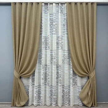 Комплект штор з тюлем VR-Textil Льон Мішковина, капучино з білим, 2 штори 100×270 см + тюль 300×270 см, арт. 71-063/1