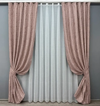 Комплект штор з тюлем VR-Textil Льон Мармур, пудровий з білим, 2 штори 100×270 см + тюль 300×270 см, арт. 71-012/1