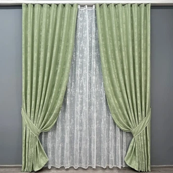 Комплект штор з тюлем VR-Textil Жакард Мармур, світло-оливковий з білим, 2 штори 150×270 см + тюль 600×270 см, арт. 71-192/5