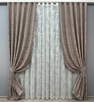 Комплект штор з тюлем VR-Textil Жакард Мармур, какао з білим, 2 штори 150×270 см + тюль 600×270 см, арт. 71-008/5