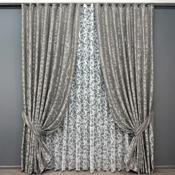 Комплект штор с тюлем VR-Textil Жаккард, серый с белым, 2 шторы 100×270 см + тюль 300×270 см, арт. 71-098/1