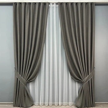Комплект штор с тюлем VR-Textil Твид TWEED_V, темно-серый с белым, 2 шторы 100×270 см + тюль 300×270 см, арт. 71-146/1