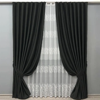 Комплект штор з тюлем VR-Textil Блекаут Bagema Rvs, чорний з білим, 2 штори 100×270 см + тюль 300×270 см, арт. 71-170/1