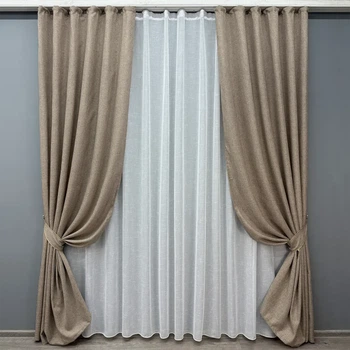 Комплект штор з тюлем VR-Textil Льон Мішковина, світло-кавовий з білим, 2 штори 100×270 см + тюль 300×270 см, арт. 71-053/1