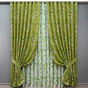 Комплект штор с тюлем VR-Textil Лен Прованс, оливковый с белым, 2 шторы 100×265 см + тюль 300×265 см, арт. 71-106/1