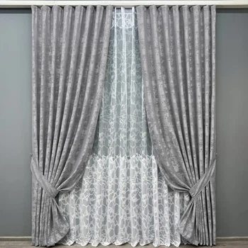 Комплект штор з тюлем VR-Textil Жакард Мармур, сірий з білим, 2 штори 100×270 см + тюль 300×270 см, арт. 71-183/1