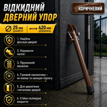 Откидной дверной упор 25×420 мм металлический с резиновым наконечником для деревянных и металлических дверей коричневый