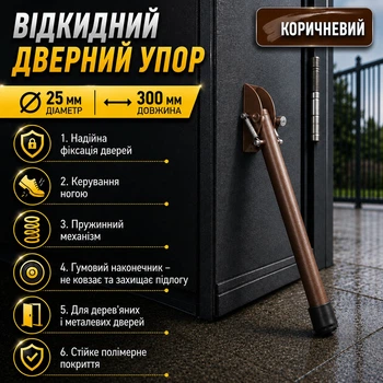 Откидной дверной упор 25×300 мм металлический с резиновым наконечником для деревянных и металлических дверей коричневый