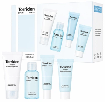 Zestaw do pielęgnacji twarzy Torriden Dive In Tonik 50 ml + Krem łagodzący z kwasem hialuronowym 20 ml + Pianka do mycia 30 ml + Serum 20 ml (8809784600817)
