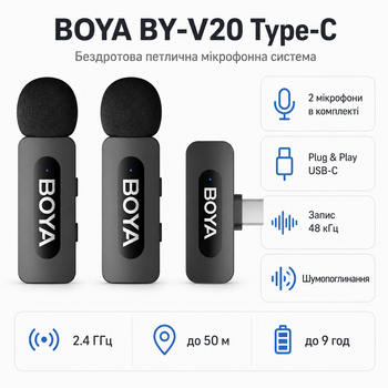 Микрофон беспроводной BOYA BY-V20 Type-C петличный 2.4 ГГц 48 кГц Black