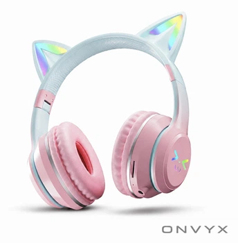 Беспроводные наушники Onvyx BT612I с кошачьими ушками, RGB-подсветкой, Bluetooth 5.3, FM-радио, MicroSD, AUX, складные Pink