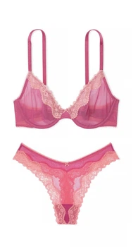 Комплект білизни Victoria’s Secret з мікросітки Tease Lace-Trim Unlined Demi Bra,бюстгальтер без push-up+ трусики стрінги,Рожевий,80E-XL