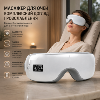 Масажер для очей з Bluetooth, підігрівом, повітряно-компресійним та вібромасажем, акумуляторний, сріблясто-білий