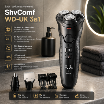 Электробритва мужская ShvComf WD-UK 3в1 — Роторная, IPX6 Водонепроницаемая, LCD-дисплей, Триммер для носа и бороды, USB-зарядка