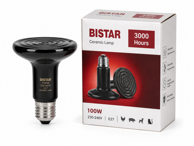 Лампа BISTAR інфрачервона керамічна 100 Вт для обігріву тварин і птиці, без світла, цоколь E27 BST-CIR-100-E27