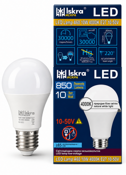 LED лампа ISKRA A60 10 Вт 4000K E27 10–50V (груша), нейтральный белый свет, низковольтная для автономных систем ISK-A60-10W-4000K-E27-10-50V
