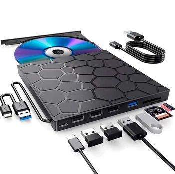 Зовнішній CD/DVD RW дисковод з USB хабом 10 в 1 USB 3.0 Type-C привід оптичний з кардрідером Micro SD для ноутбука та макбуку