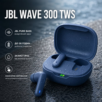 Беспроводные наушники JBL Wave 300 TWS Blue Вкладыши Bluetooth наушники с Pure Bass сенсорные Синие
