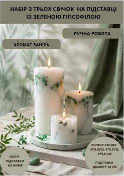 Свічки ароматичні парафінові набір свічок ароматичних арома свічка ручної роботи декоративні ароматизовані 3 шт на підставці з гілочками зеленої гіпсофіли аромат ваніль