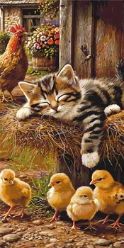 Картина по номерам Животные. Сладкий сон: котенок, петух и цыплята © 40*80 см Оригами LW 5230