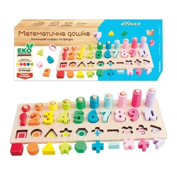 Логічна дерев'яна дошка 94511 (18) "WToys", сортер, цифри, арифметичні знаки, геометричні фігури, кілочки з кільцями, в коробці