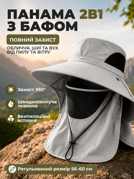 Панама трансформер со съемной защитой лица и шеи на 360° от солнца пыли и ветра шляпа со съемной маской для туризма рыбалки дачи пляжа с широкими полями на 12 см солнцезащитная 56-60 см серая