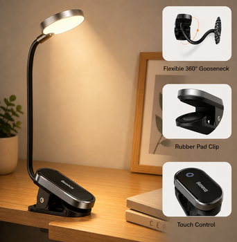 Аккумуляторная лампа-прищепка для чтения книг Baseus Comfort Reading Mini Clip Lamp, темно-серая