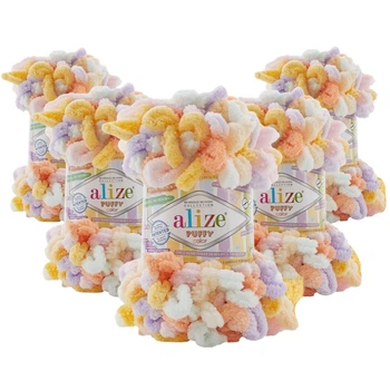 Упаковка Alize Puffy Color, №6520, 5шт - плюшева пряжа з готовими петлями для в'язання руками 100г / 9 м - для пледів, аксесуарів