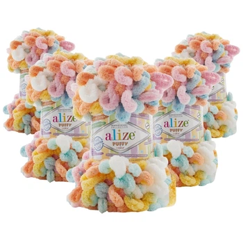 Упаковка Alize Puffy Color, №6521, 5шт - плюшева пряжа з готовими петлями для в'язання руками 100г / 9 м - для пледів, аксесуарів