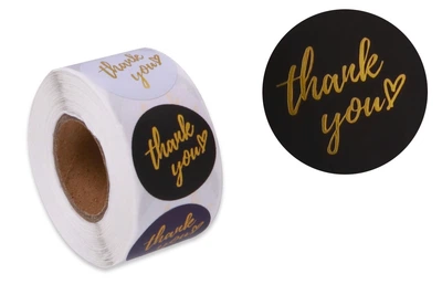 Наклейки стікери "Thank you" CP18, синьо-чорні, круглі 2.5 см, 500 шт./рулон, самоклейні етикетки для пакування товарів ручної роботи