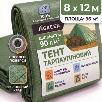 Тент 8х12м 90г/м² Agreen посилений з люверсами тарпаулін темно-зелений A100424-1