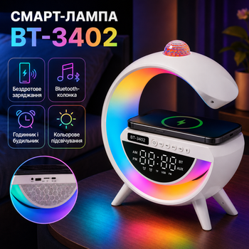 Умная смарт лампа ночник BT 3402 с беспроводной зарядкой 15 Вт колонкой и RGB подсветкой настольная 235x90x238 мм Белая